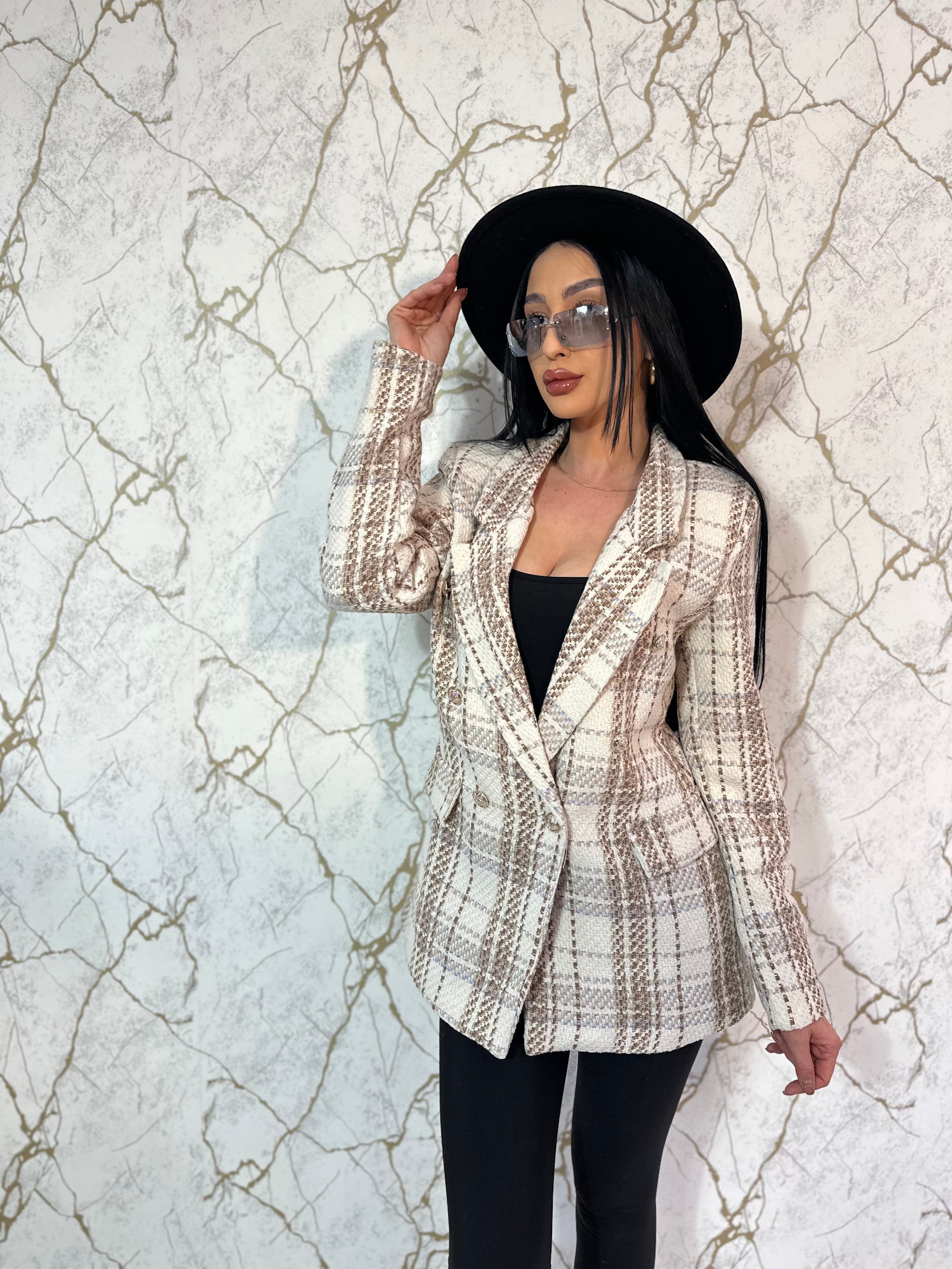 Sacou tweed bej în carouri