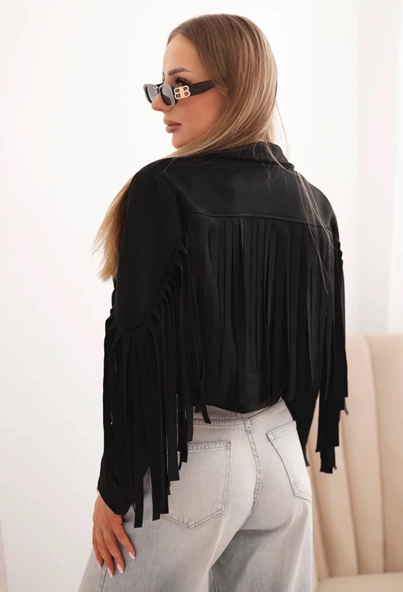 Jachetă Boho Chic Neagră Piele Întoarsă