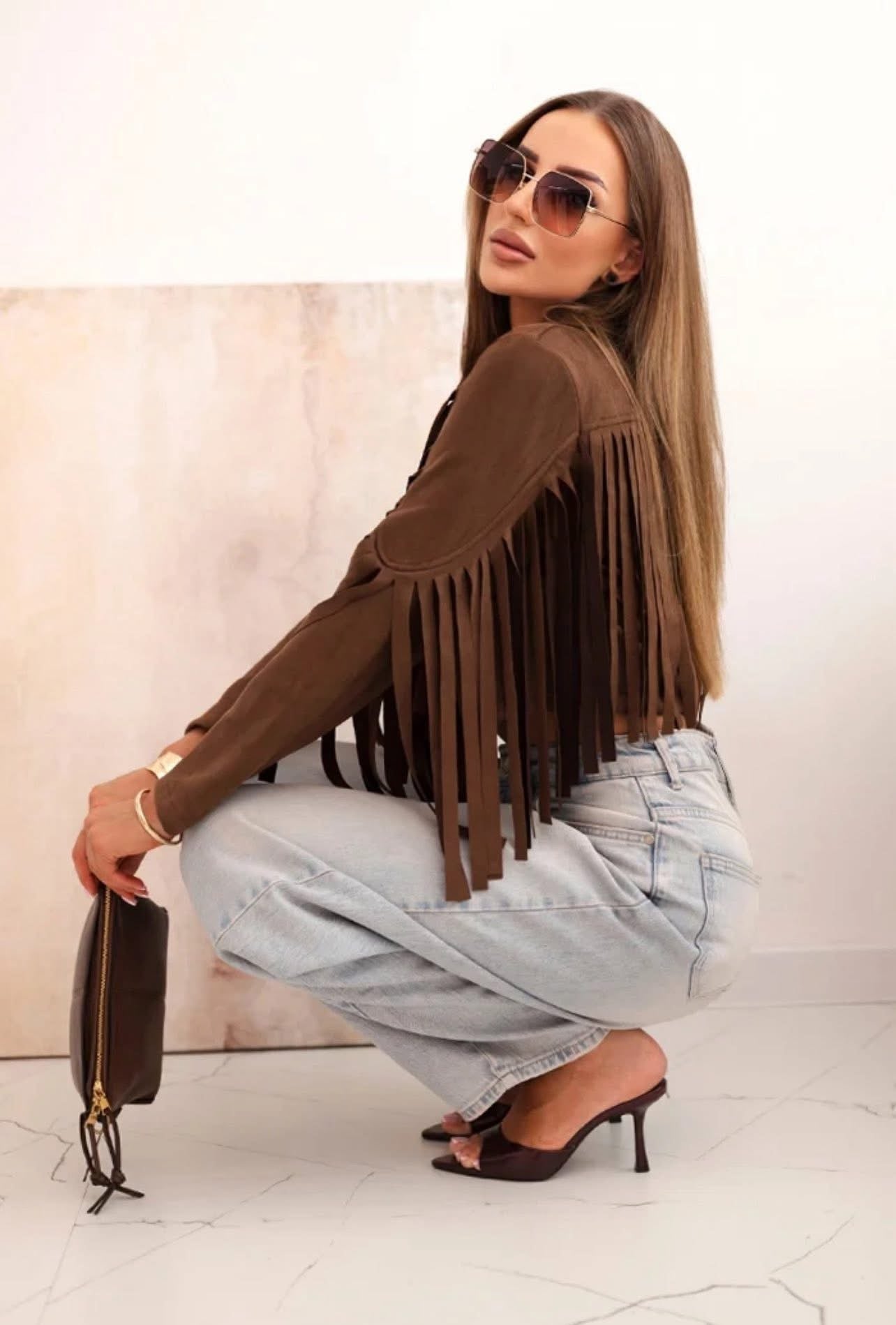 Jachetă Boho Chic Mocha Piele Întoarsă