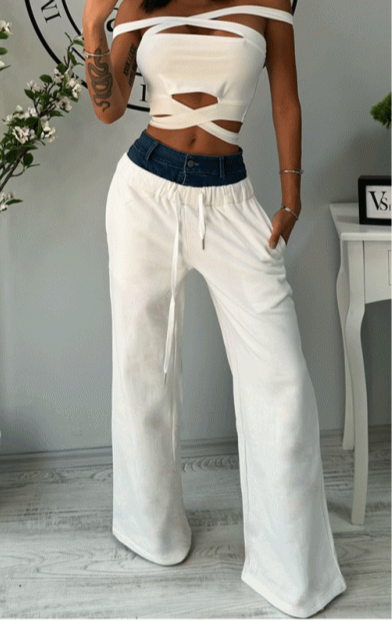 Pantaloni Talie Dubla Denim White - Demhana Boutique 