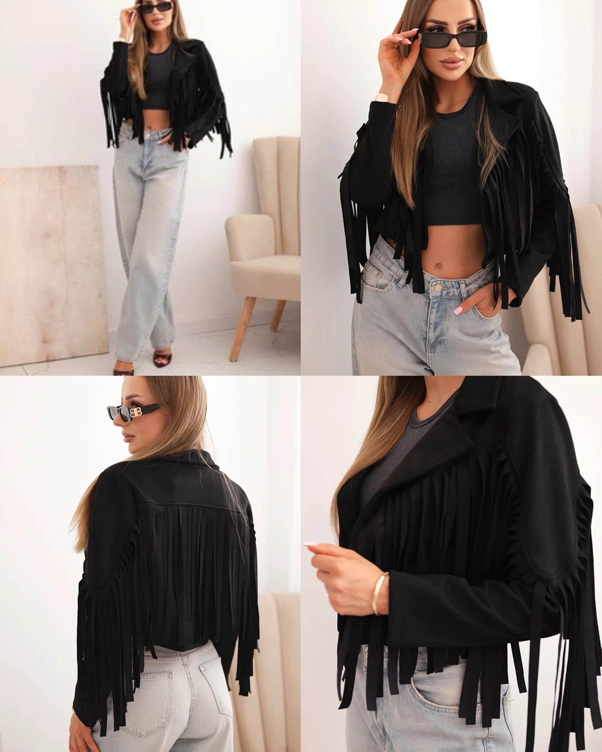 Jachetă Boho Chic Neagră Piele Întoarsă