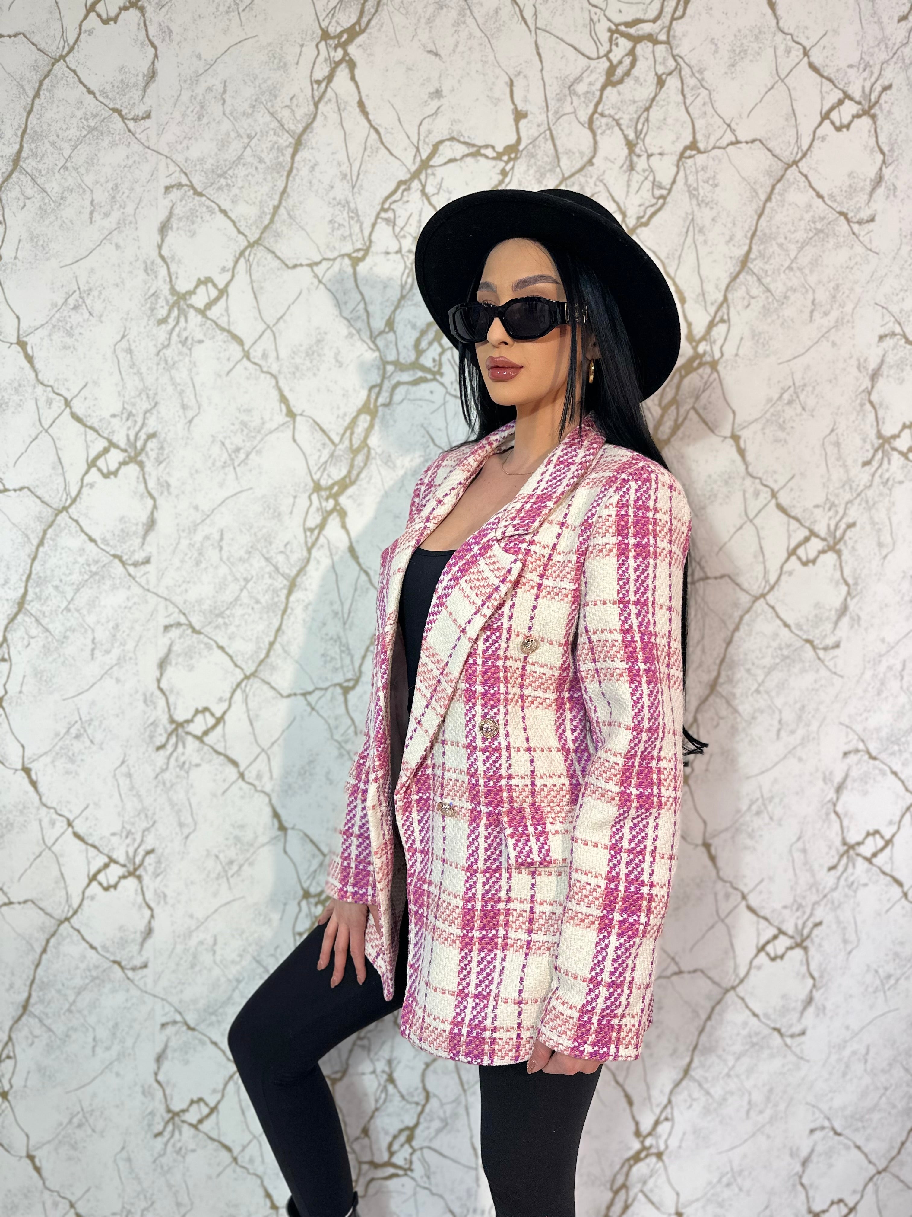 Sacou tweed roz în carouri