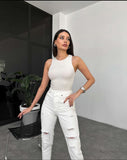 Blugi Momfit Ripped White