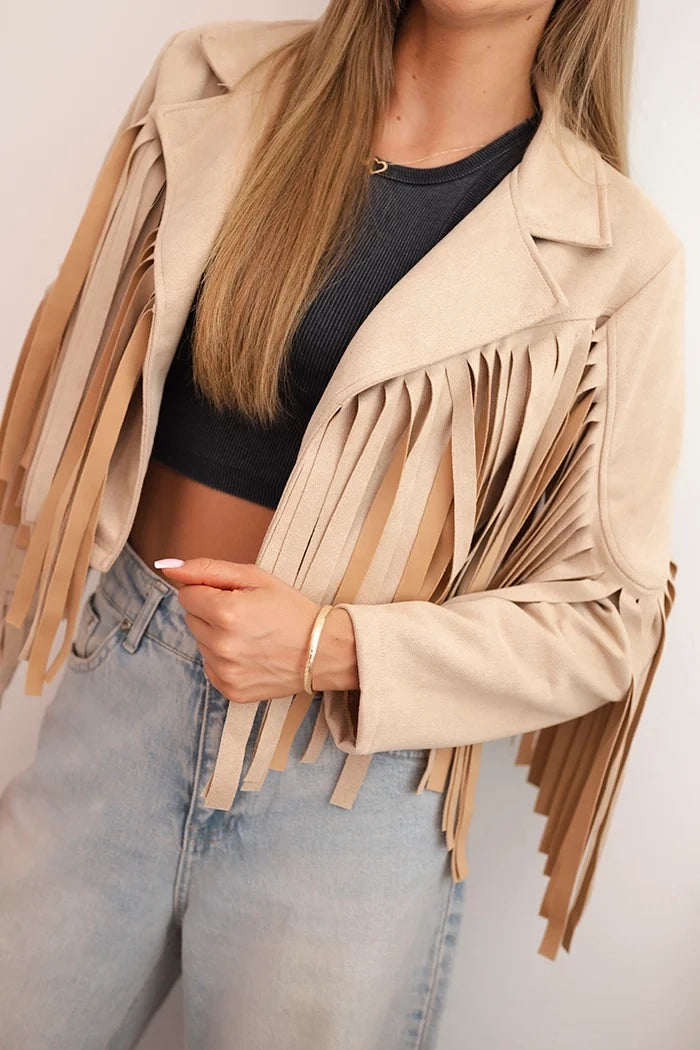 Jachetă Boho Chic Bej Piele Întoarsă