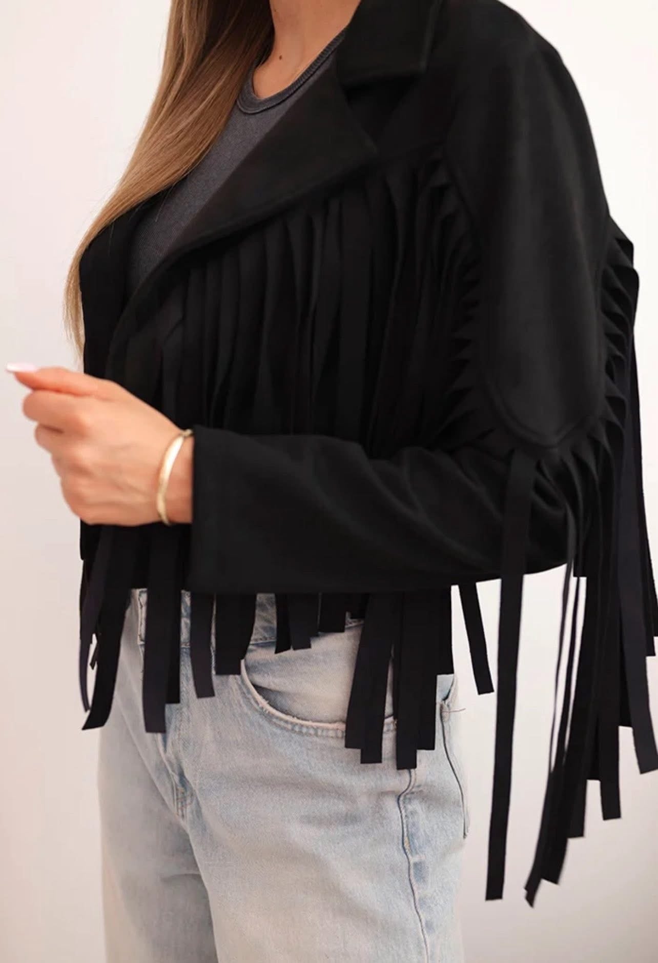 Jachetă Boho Chic Neagră Piele Întoarsă