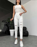Blugi Momfit Ripped White