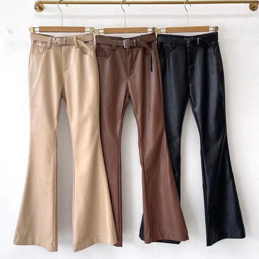 Pantaloni Piele Eco Evazați cu curea - Demhana Boutique 