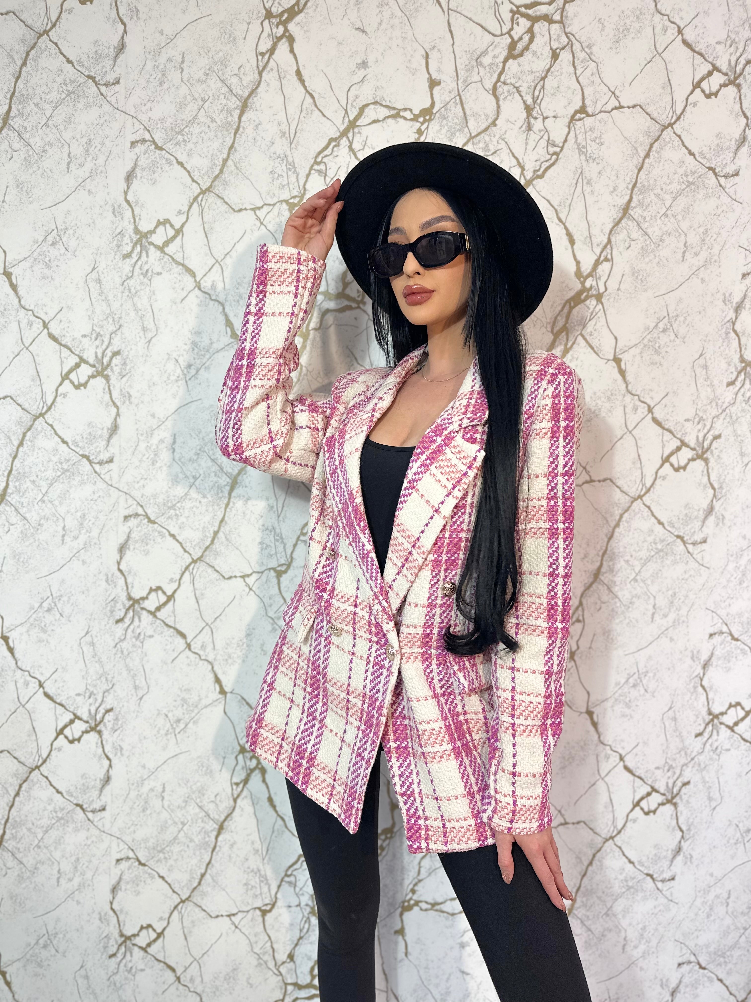 Sacou tweed roz în carouri